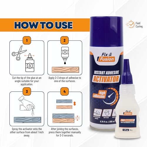 FIX & FUSION Ca Super Glue (1.77 Oz) with Activator Spray (6.76 Fl Oz) Set, Fast Adhesive/Cyanoacrylate Glue & Instant Activator for Woodworking, Plastic, Rubber, Granite, DIY & Industrial, (2 Pack)
