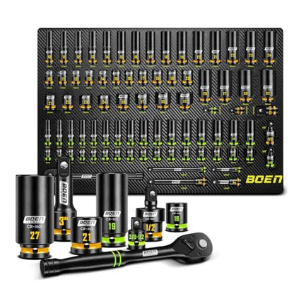 BOEN Pro 80-Pieces 1/2" & 3/8" Drive Master Impact Socket Set, 6 Point Metric Deep & Shallow Sockets (8-32mm), Cr-Mo, Includes 1/2" Drive 90-Tooth Handle Wrench for High-Torque Applications