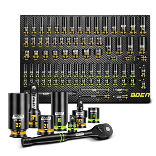 BOEN Pro 80-Pieces 1/2" & 3/8" Drive Master Impact Socket Set, 6 Point Metric Deep & Shallow Sockets (8-32mm), Cr-Mo, Includes 1/2" Drive 90-Tooth Handle Wrench for High-Torque Applications