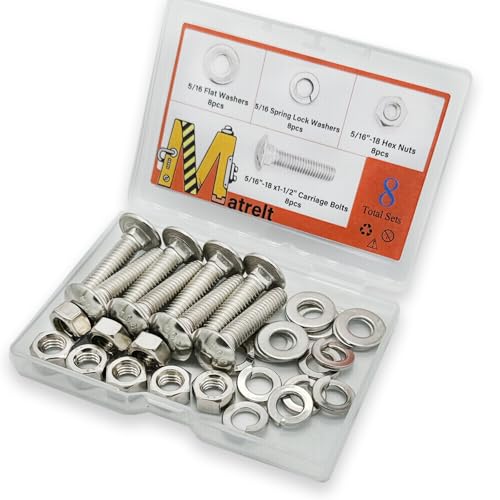 8 Sets 5/16"-18 x1-1/2 Carriage Bolts Round Head Square Neck Screws with Hex Nuts Flat Washers Spring Lock Washers 304 Stainless Steel Full Thread Coverage Square Neck Bolts Assortment Kit - size: 5/16"-18 x1-1/2"-8 Sets