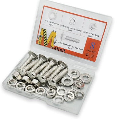 8 Sets 5/16"-18 x1-1/2 Carriage Bolts Round Head Square Neck Screws with Hex Nuts Flat Washers Spring Lock Washers 304 Stainless Steel Full Thread Coverage Square Neck Bolts Assortment Kit - size: 5/16"-18 x1-1/2"-8 Sets