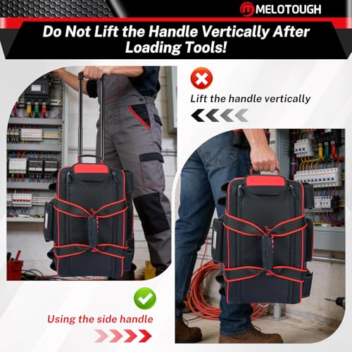 MELOTOUGH Rolling Tool Bag with 3 Zipper Pouches, Heavy Duty Large Tool Bag with Concealed Telescoping Handle, Multi-Pocket Organizer for Construction, Electrician, HVAC - 4 Carrying Options (Red) - style: Rolling Tool Bag Set