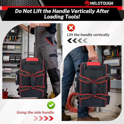 MELOTOUGH Rolling Tool Bag with 3 Zipper Pouches, Heavy Duty Large Tool Bag with Concealed Telescoping Handle, Multi-Pocket Organizer for Construction, Electrician, HVAC - 4 Carrying Options (Red) - style: Rolling Tool Bag Set