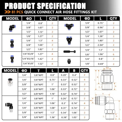 mankk 81PCS Quick Connect Air Hose Fittings Kit 1/8,1/4,3/8,1/2 inch - color: 81PCS
