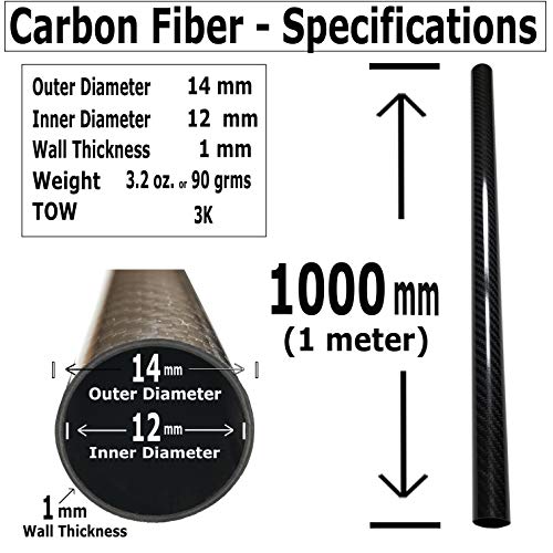 CARBON FIBER TUBE - Black - 14mm X 12mm X 1000mm - Hollow carbon fiber rods - Glossy carbon tubes - Pure carbon fibre tubes - Lightweight High Strength Carbon Fiber Shaft