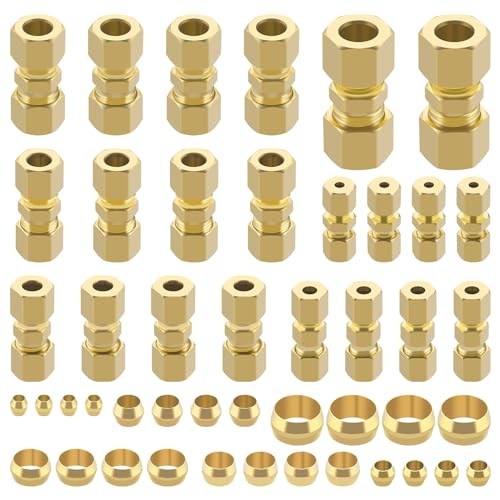 46pcs Brass Compression Tube Pipe Fittings Assortment Kit,1/8" 3/16" 1/4" 5/16" 3/8" 1/2" OD Compression Union Connector & Compression Sleeves Ferrules - size: 46Pcs Compression Kit