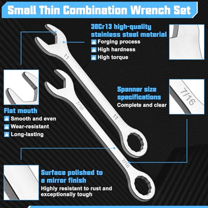 20PCS Super Thin Mini Wrench Set Standard Metric and SAE 4mm-11mm & 5/32"-7/16" Thickness Slim Open End and Box End Combination Wrench Set for Tight Spaces, Gate Clip in Pouch - size: Ultra-Thin SAE&Metric