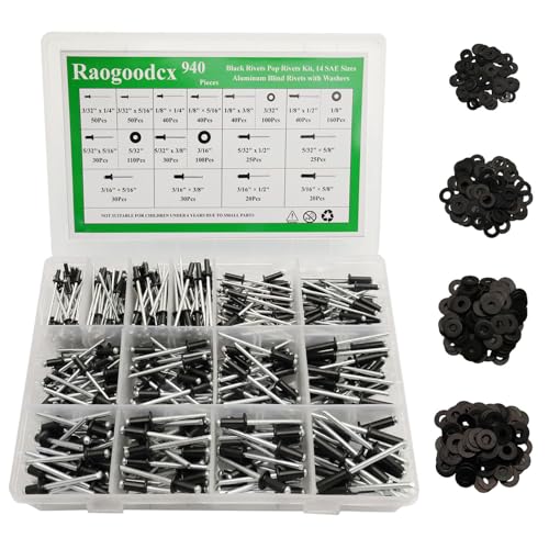 940Pcs 14 Sizes Black Pop Rivets with Washer 3/32" 1/8" 5/32" 3/16" Blind Rivets for Metal Dome Head - color: Black