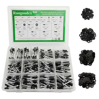 940Pcs 14 Sizes Black Pop Rivets with Washer 3/32" 1/8" 5/32" 3/16" Blind Rivets for Metal Dome Head - color: Black