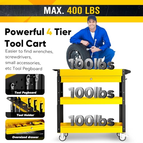 4 Tier Rolling Tool Cart, 400LBS Heavy Duty Tool Service Cart - color: Yellow