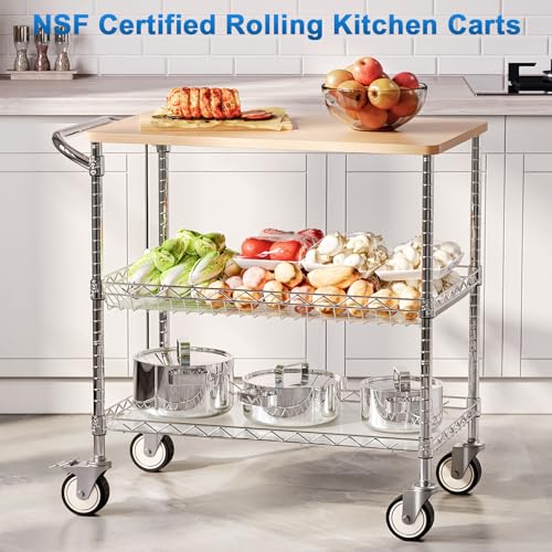 Rolling Kitchen Carts with Wheels, 3-Tier Utility Cart with Wood Tabletop - color: Wood-chrome