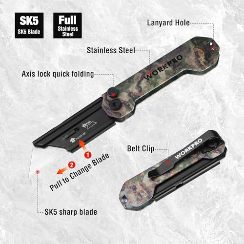 WORKPRO EDC Folding Utility Knife, Mini Box Cutter with Quick Open Axis Lock, Quick Change Blade Razor Knife, Foldable Small Pocket Knife with Belt Clip, 1 Pack with 10 Extra Blades - color: Camo