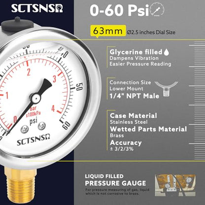 0-60 Psi Low Pressure Gauge, Liquid Filled, 1/4" NPT Lower Mount - size: 0-60 Psi, style: Lower Mount