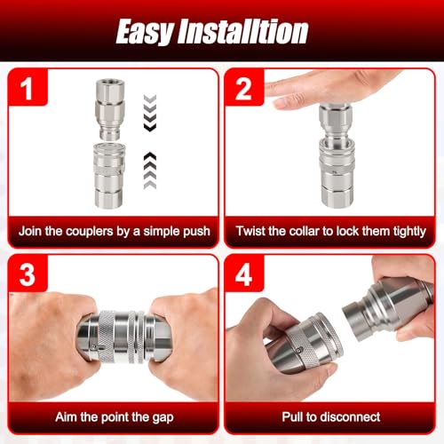 1/2’’ NPT Flat Face Hydraulic Quick Couplers, Skid Steer Hydraulic Couplers with 2PCS Dust Covers, Couplings Set for Agricultural Machinery, Construction Equipment & Industrial Hydraulic Testing