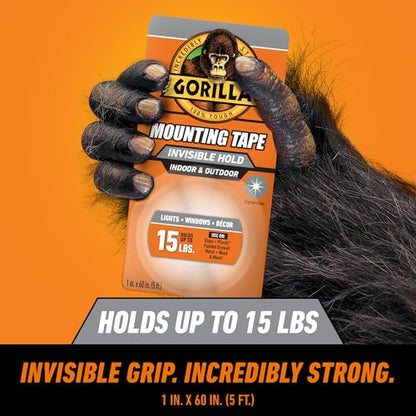 GORILLA Invisible Hold Mounting Tape, 1" x 60", Clear Double Sided, 2-Pack
