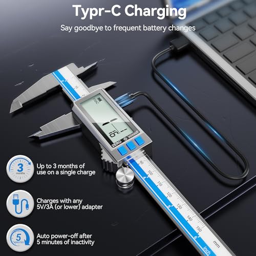 6 Inch Digital Caliper, Type-C Rechargeable Stainless Steel Vernier Caliper, IP54, F/MM/in Conversion, Large LCD, USB Charging Digital Caliper Measuring Caliper for DIY, Woodworking Use (Blue) - color: Blue