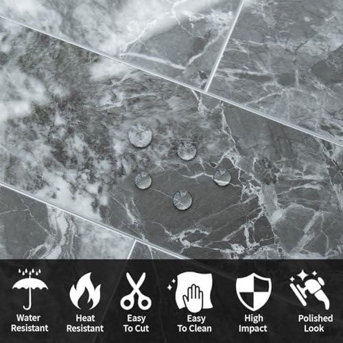 AULIGET 40-Piece Polished Grey Marble with Silver Peel and Stick Backsplash Wall Tiles, 3" x 12" PVC Faux Stone Stick on Tiles for Backsplash Kitchen, Bathroom, Laundry Room, Camper, Fireplace - color: Polished Grey Marble & Silver, size: 40 Pieces, 3"x12