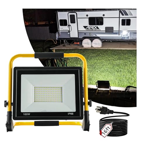 10000 LM LED Portable Work Light with Stand Cooling Fins, 100W Bright Work Lights 16FT Cord, 6500K IP66 Waterproof Lightweight Worklight for Indoor/Outdoor Workshop Construction Garage Lighting