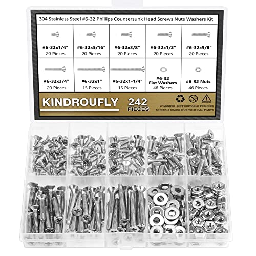 242 Pieces #6-32x 1/4", 5/16", 3/8", 1/2", 5/8", 3/4", 1", 1-1/4", Phillips Countersunk Head Machine Screws Nuts Washers Assortment Kit, 304 Stainless Steel, Fully Machine Thread - size: #6-32