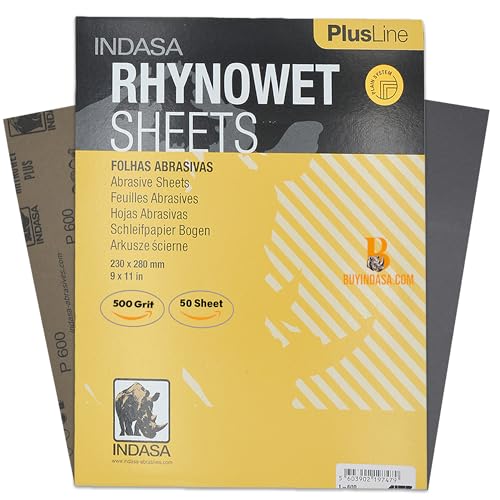 Indasa 50 PCS 9x11” Wet & Dry Sandpaper Sheets, 500 GRIT, Rhynowet Clog-Resistant Abrasive for Wood, Metal, Auto, Paint & Clear Coat Finishing, Sand Paper Silicon Carbide, Plusline - size: 500 GRIT 9"x11" Silicon Carbide