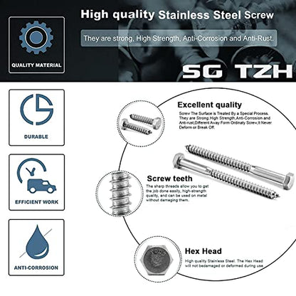 3/8" x 4" Hex Head Lag Screws Bolts 20Pcs 304 Stainless Steel 18-8, Partial Thread, Hexagon Head Wood Screws by SG TZH - size: 3/8-16 x 4"
