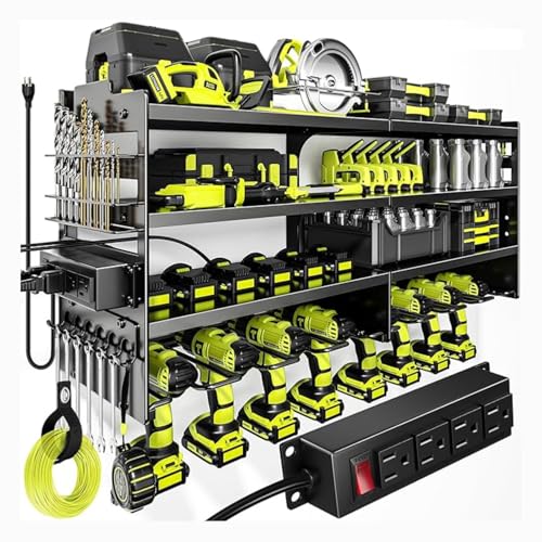 Large Power Tool Organizer Wall Mount with Charging Station, 6-Shelf Heavy Duty Metal Tool Storage Rack, Cordless Drill Holder Slots, Screwdriver Racks & Hook Bar for Garage Workshop