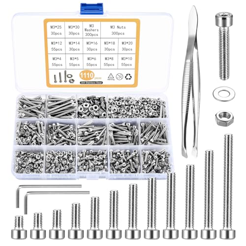 1110Pcs M3 Silver Stainless Steel Hex Socket Screws and Nuts Assortment Kit - color: Silver 1100