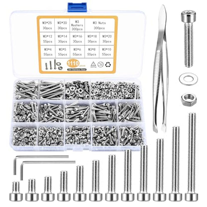 1110Pcs M3 Silver Stainless Steel Hex Socket Screws and Nuts Assortment Kit - color: Silver 1100
