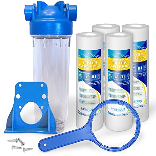 10 Inches European Design Transparent Standard Whole House Water Filter System with Presser Relief Valve, 3/4” Inlet/Outlet Brass Port and Yearly Supply (4) Sediment Cartridges 5 Micron - style: Sediment Filter