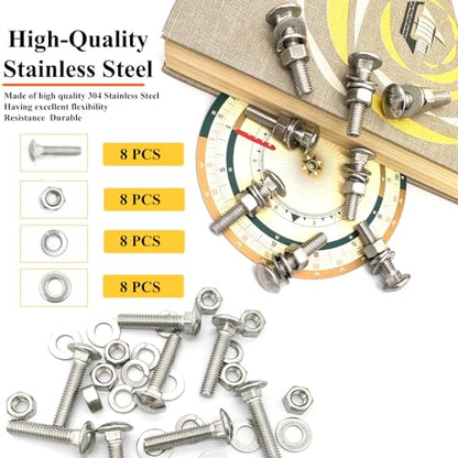 8 Sets 5/16"-18 x1-1/2 Carriage Bolts Round Head Square Neck Screws with Hex Nuts Flat Washers Spring Lock Washers 304 Stainless Steel Full Thread Coverage Square Neck Bolts Assortment Kit - size: 5/16"-18 x1-1/2"-8 Sets