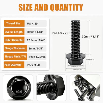 mankk 20PCS M8-1.25 x 30mm Flanged Hex Head Bolts 10.9 Grade High Tensile Alloy Steel,Black Zinc Plated,Full Thread,for Auto Parts, Farm Equipment & DIY Projects - size: BK M8x30mm