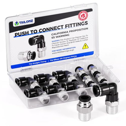 TAILONZ 1/4" x 1/4" NPT Push to Connect Straight & Elbow Fitting Kit 12Pcs - size: 1/4"OD x 1/4"NPT