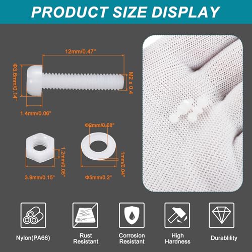 MECCANIXITY 30 Set M2x12mm Nylon PA66 Plastic Cross Round Head Screw Phillips Bolts Hex Nuts Flat Washers Assortment Kit, Metric Full Thread Bolt Fasteners for DIY Machine Assembly, White - color: White, size: M2x12mm