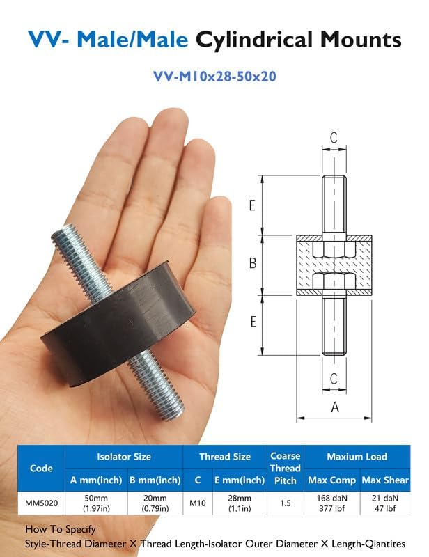 EASYEAH M10 Rubber Vibration Isolator Mounts Double Stud Shock Absorber - size: VV-M10x28-50x20