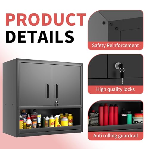 Garage Wall Cabinet with 2 Locking Doors and Shelf Metal Storage Cabinet - color: Black, style: 2 doors wall cabinet
