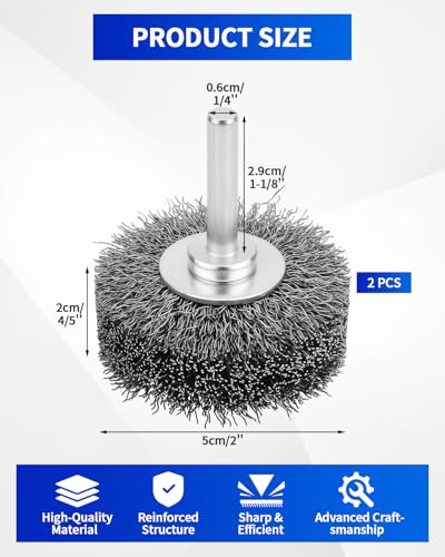 2 Pack 2 Inch Wire Wheel Brush for Drill - Heavy Duty Carbon Steel Wire Brush for Rust, Paint & Corrosion Removal, 0.012" Coarse Crimped Stainless Steel Wire, 1/4in Shank, 20000RPM