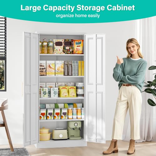 SISESOL 71" Tall Storage Cabinet with 2 Door and 5 Shelves, Wide & Deep Kitchen Pantry Cabinet, White Metal Cabinets,Large Cupboard for Home,Kitchen,Laundry - color: White, size: 71"H