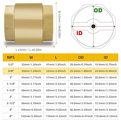 3/4" NPT Vertical Spring Check Valve, Brass, Heavy-Duty, Female Thread DN20 - size: 3/4"-NPT