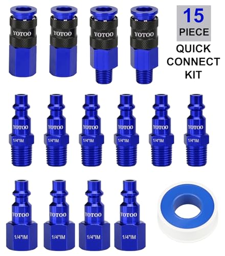YOTOO Universal Air Coupler and Industrial Plug Kit, 15 Pcs Durable Aluminum Quick Connect Air Hose Fittings, Lightweight for Air Tools, Air Compressor Accessroies and air compressor attachments, Blue - color: Blue, size: 15 Pieces Kit