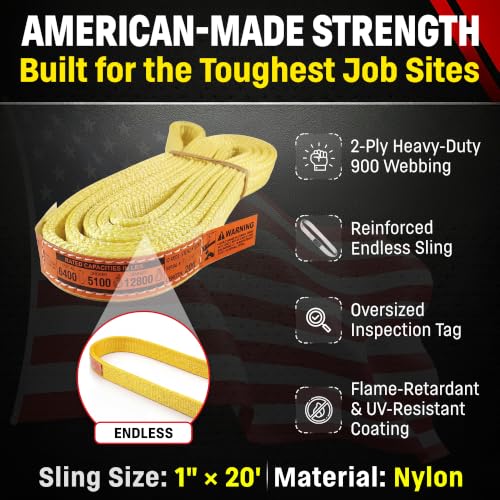 DD Sling 1" x 20' Nylon Endless Lifting Sling – USA Made - size: 1"x20'