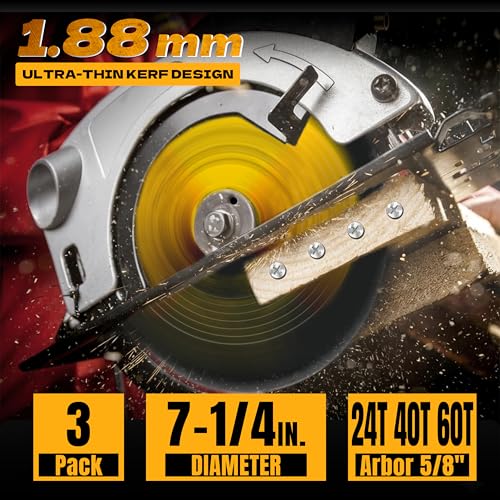 7-1/4" Circular Saw Blades, 24T/40T/60T Wood Cutting Set, 5/8" Arbor, 3PCS - size: Mix3P