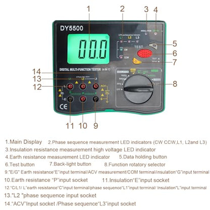 4-in-1 Digital Multimeter with Ground Earth Resistance Tester, Insulation Resistance Tester, Phase Sequence Detector & Voltmeter - 0.01Ω Resolution 600V AC/DC Voltage Measurement Auto-Ranging