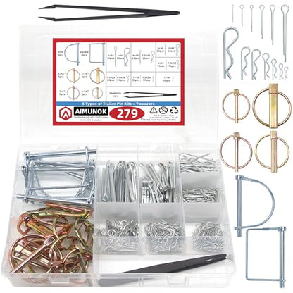 AMUNOK 279Pcs Heavy Duty Carbon Steel Pin Assortment, Hitch Lock & R-Clip - size: 18 Sizes