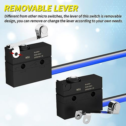Joinfworld Micro Switch with Lever Waterproof IP67 Sealed Roller Lever Limit Switch SPDT 3 PIN Pre-Wired Micorswitch 5A 250VAC -2PC - style: WS1-Roller Lever