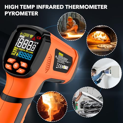 Infrared Thermometer Temperature Gun,-40℉~2912℉ Pyrometer, 50:1 High Temp Thermometer with Thermocouple Probe, Non-Contact Digital IR Laser Thermometer for Industrial HVAC Forge Metal