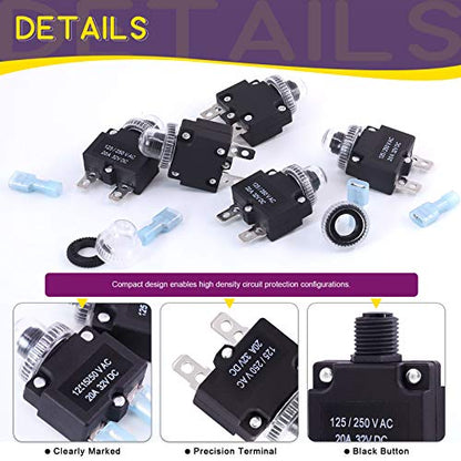 Swpeet 30Pcs 20Amp Thermal Circuit Breaker with Quick Connect Terminals and Waterproof Button Caps Assortment Kit,Waterproof Push Button Circuit Breaker 32V DC 125/250VAC 50/60Hz for Switch Operation - style: 20Amp