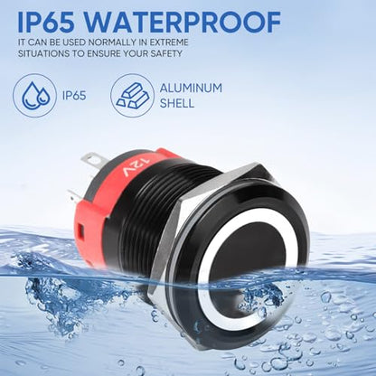 22MM Latching 12V Push Button Switch On/Off,Waterproof with LED Light Power Metal Button Switch for Marine,0.87" Hole with Wire Socket Plug Self-Locking (Ring White LED/Black Shell) - color: Black Shell-White