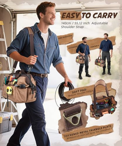 ARCFOX 14 Inch Portable Electrician Tool Bag 21 Pockets - Heavy Duty 16OZ Canvas Tool Bags Organizer with Wide Mouth & Adjustable Shoulder Strap for HVAC, Mechanics, Maintenance, UTV-Effortless Carry