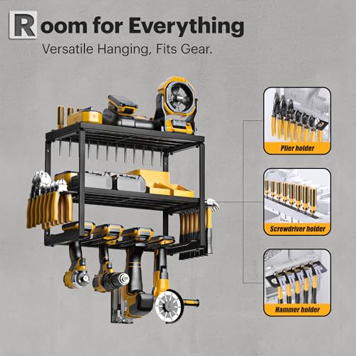 Spampur Power Tool Organizer, 3 Layers 4 Drill Holder Wall Mount - size: 3 Shelves 4 Slots