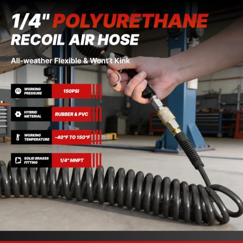 Polyurethane Recoil Air Hose, Air Compressor Hose 1/4" Inner Diameter by 25' Long with Bend Restrictor, 1/4" Industrial Quick Coupler and Plug, Black - size: 1/4IN